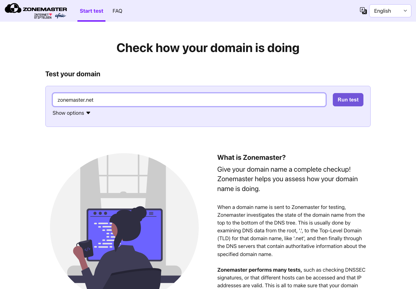 The Zonemaster domain checkup page, served over HTTPS behind the per-instance login, with a domain entered ready to test