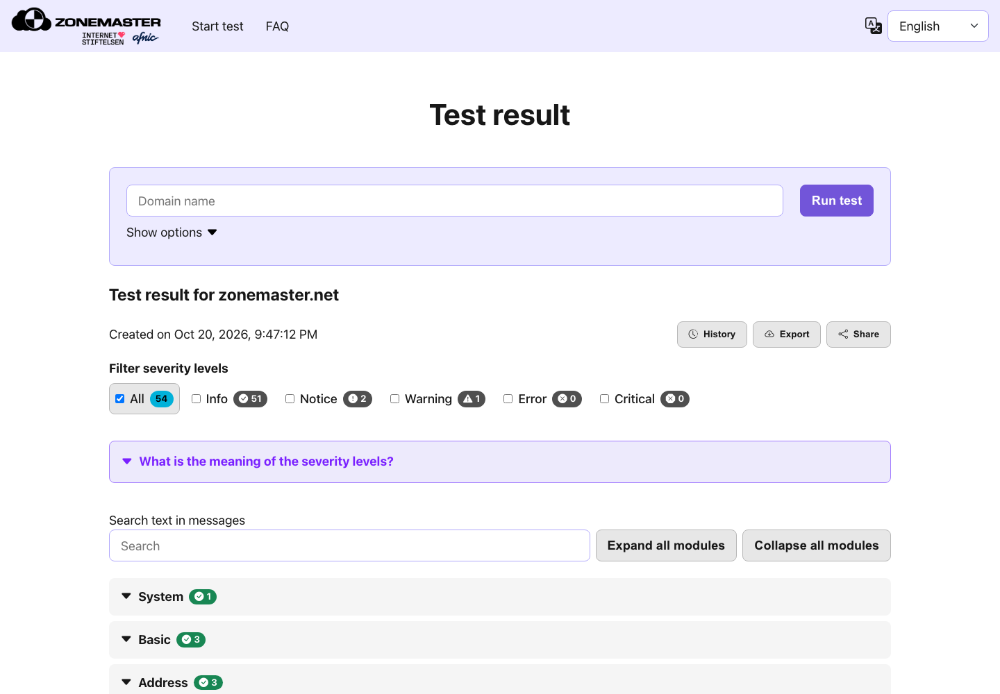 The graded report for zonemaster.net, with the severity filter counting the Info, Notice, Warning, Error and Critical findings