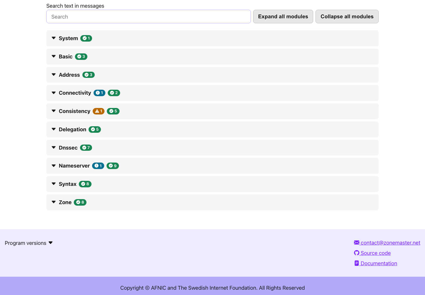 The test modules of the graded report, System, Basic, Address, Connectivity, Consistency, Delegation, DNSSEC, Nameserver, Syntax and Zone, each with its severity badges