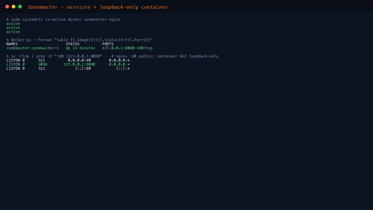 systemctl reporting docker, zonemaster and nginx active, and the single all in one container running with the GUI bound to loopback only