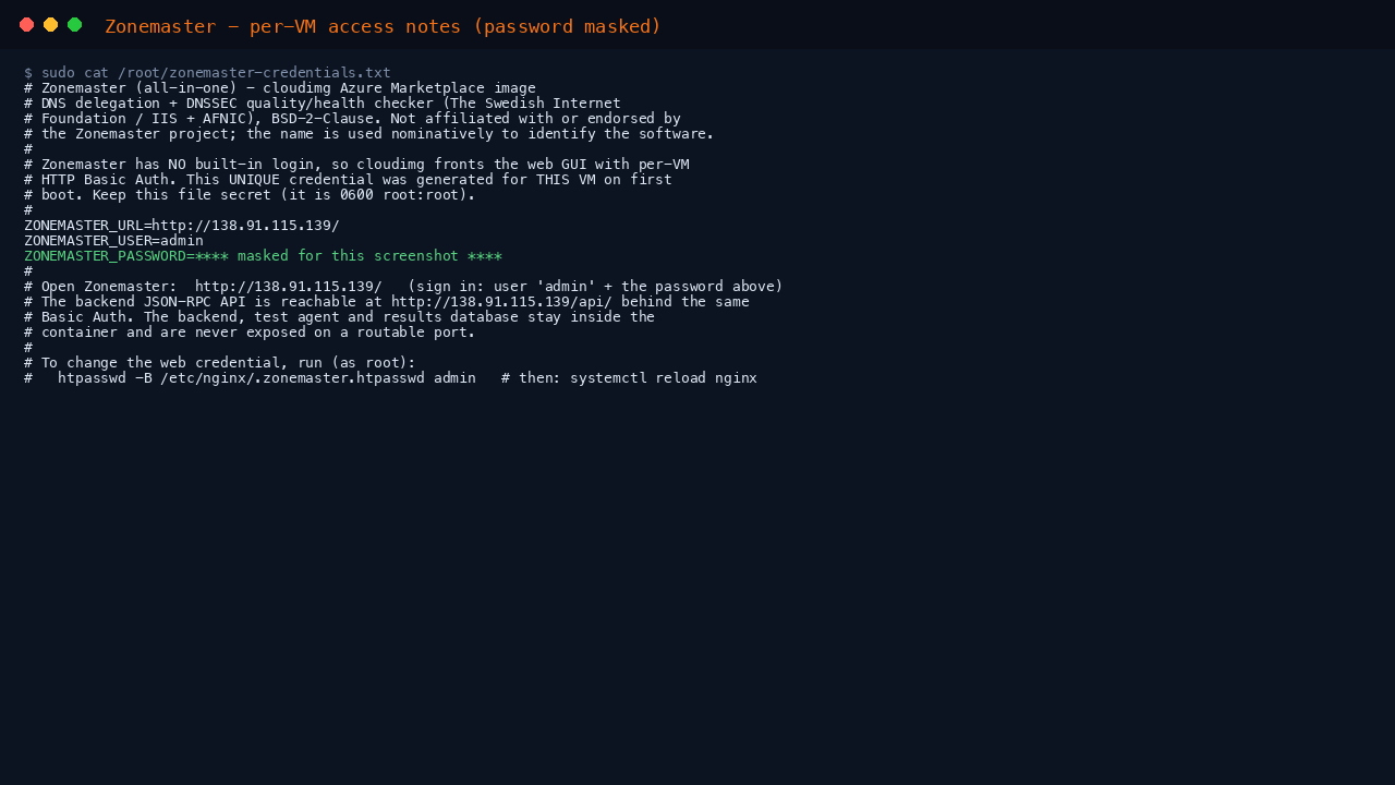 The per VM access notes, with the Zonemaster URL, the admin user name and the password masked