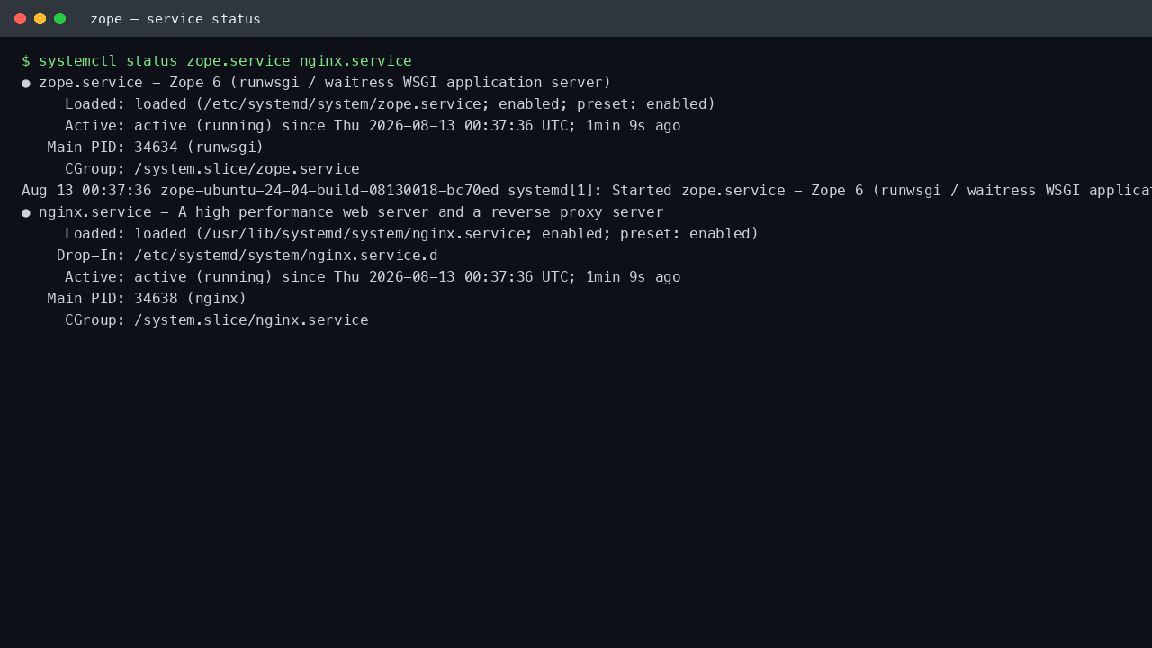 zope.service and nginx.service both active and enabled