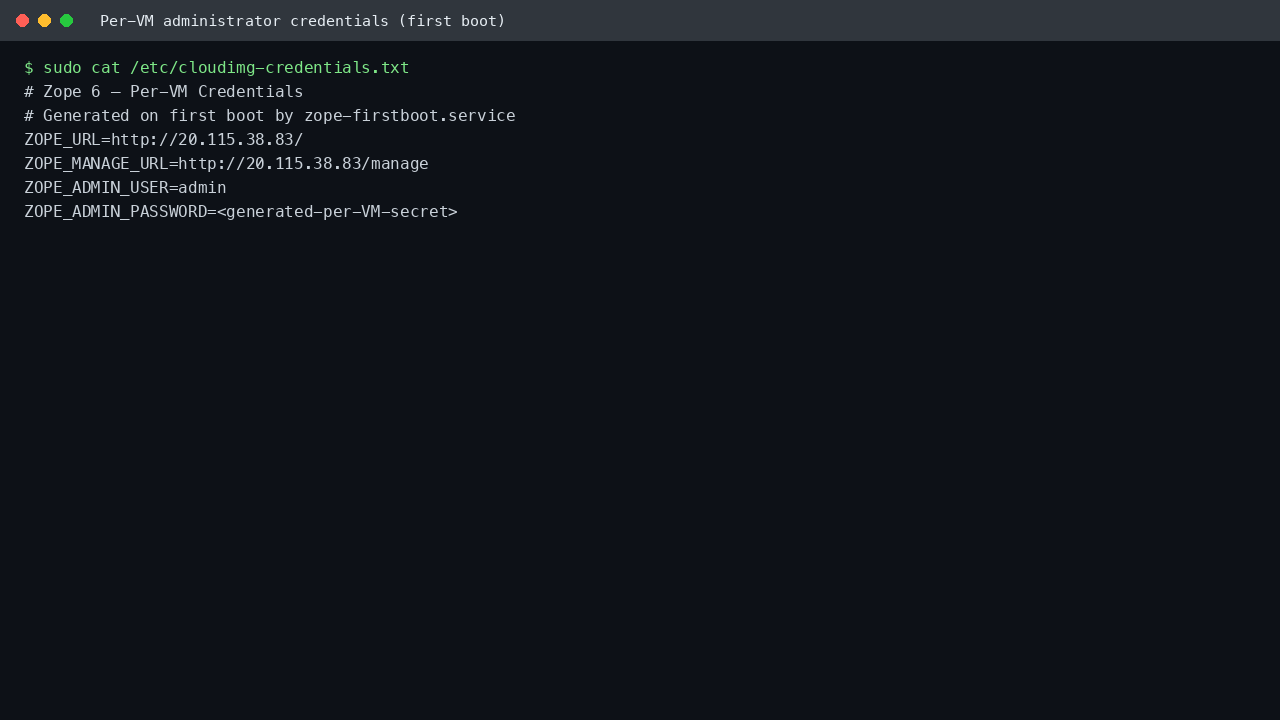 The per-VM credentials file at /etc/cloudimg-credentials.txt with the generated administrator password