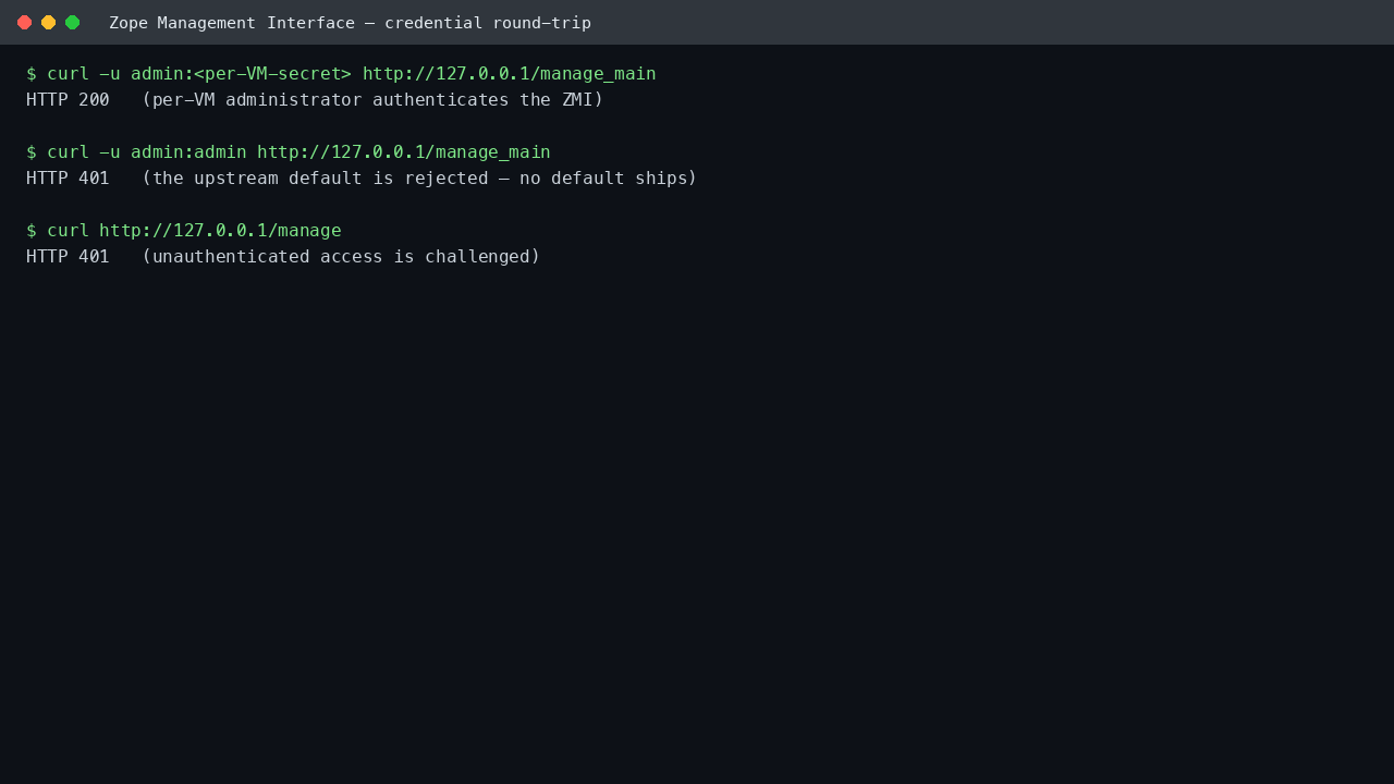 Command line credential round-trip: the per-VM administrator authenticates the ZMI and the default is rejected