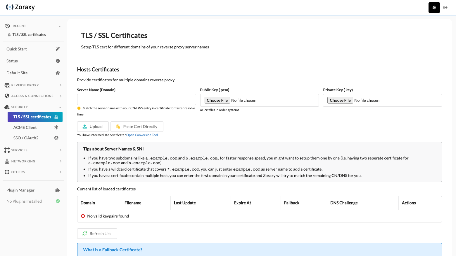 The Zoraxy TLS and SSL certificate view