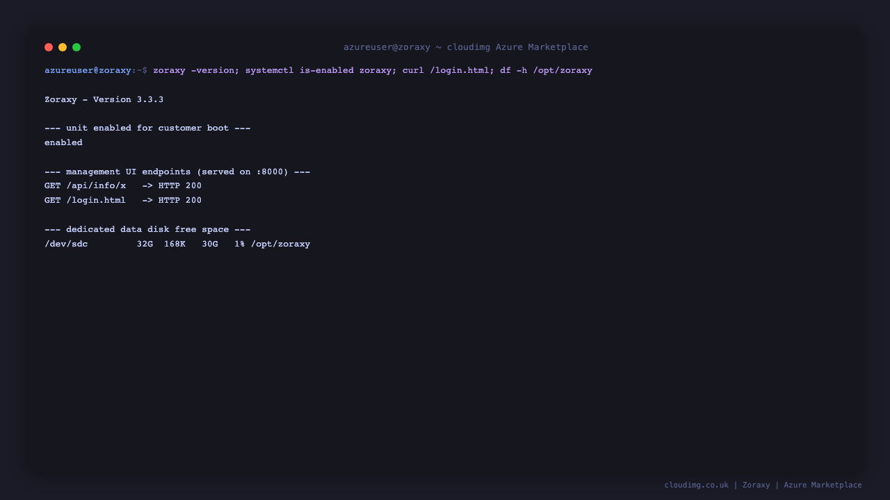 The Zoraxy 3.3.3 version, the enabled zoraxy unit, the management UI login page returning HTTP 200, and the dedicated ext4 data disk mount