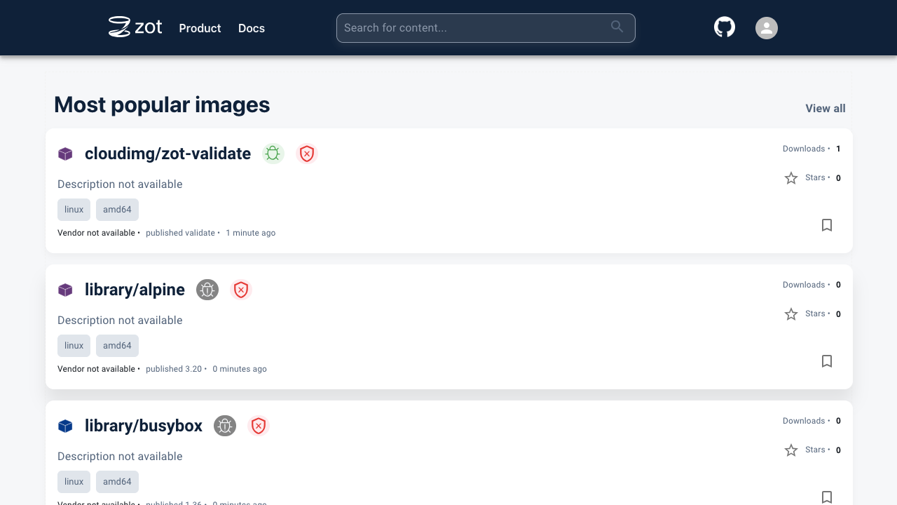 The Zot web UI registry home listing the hosted container image repositories
