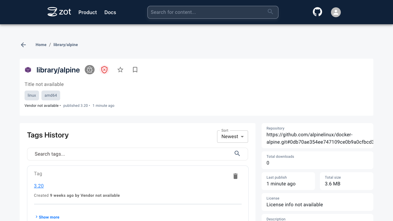 The Zot web UI repository view listing the tags of a pushed container image