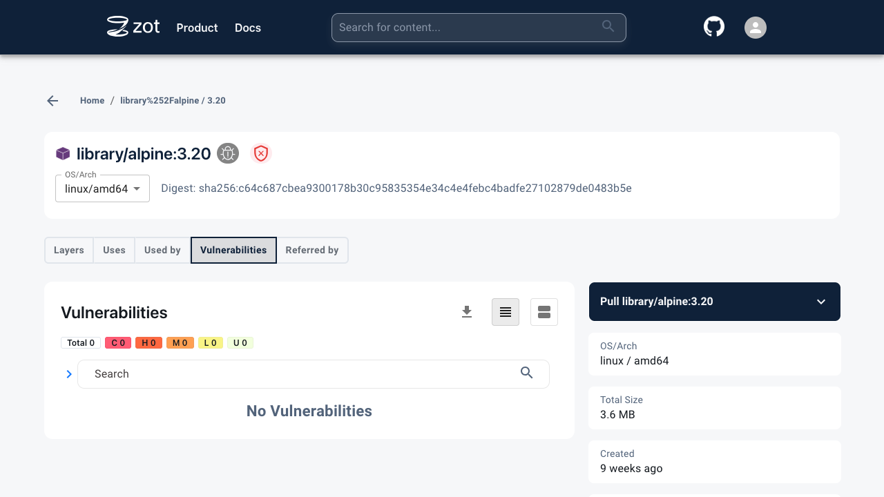 The Zot web UI image detail view showing the manifest and the vulnerability scan summary