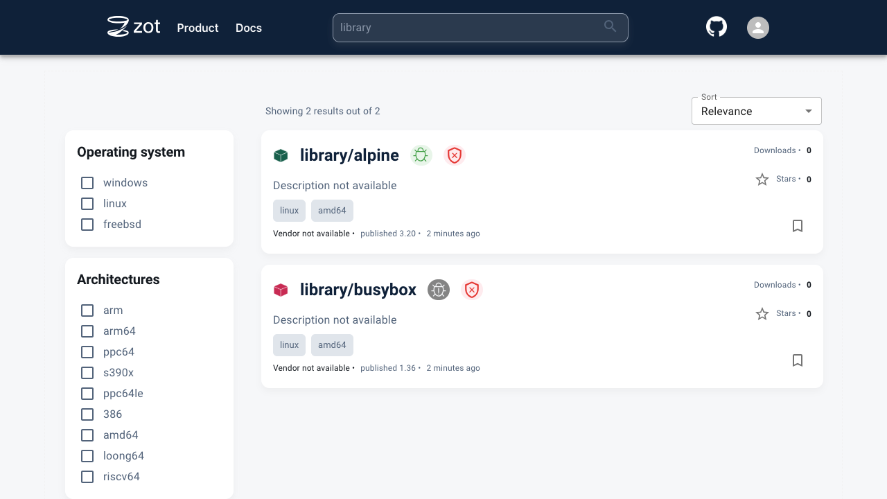 The Zot web UI explore and search view for finding repositories and images