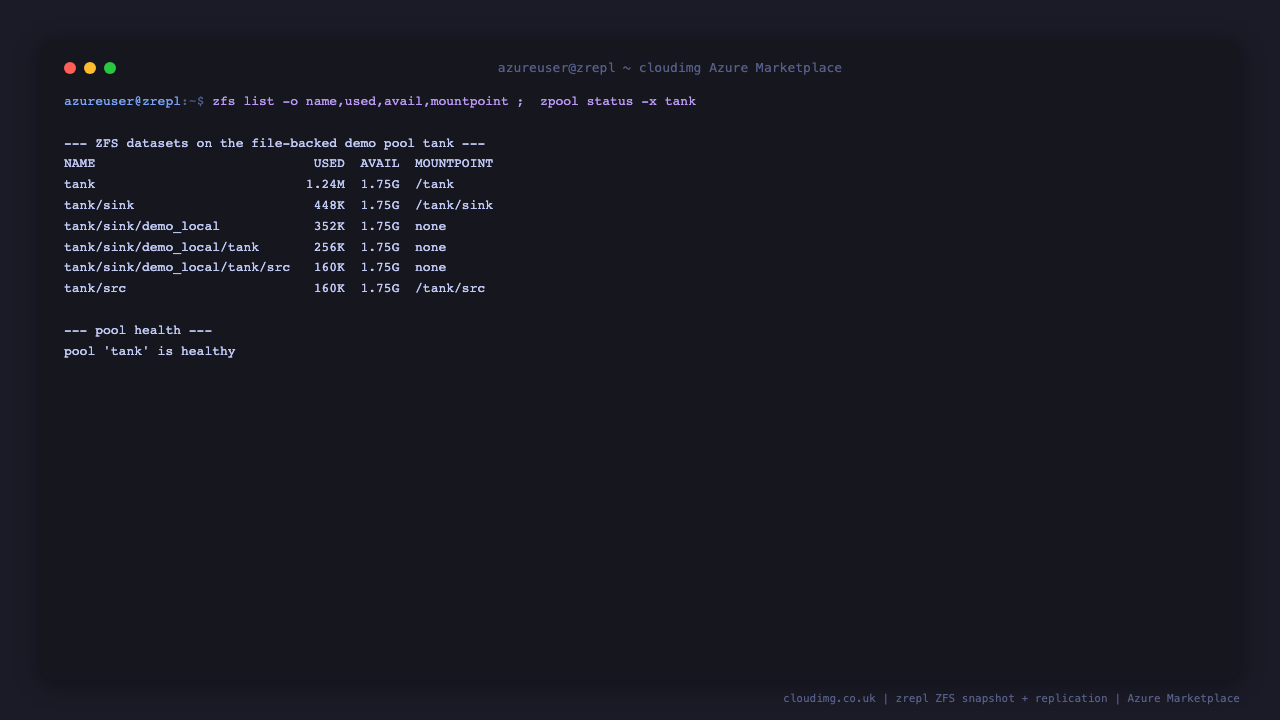 zfs list shows the file backed demo pool tank with the source dataset tank slash src and the sink dataset tank slash sink and their mountpoints, and zpool status reports the pool healthy