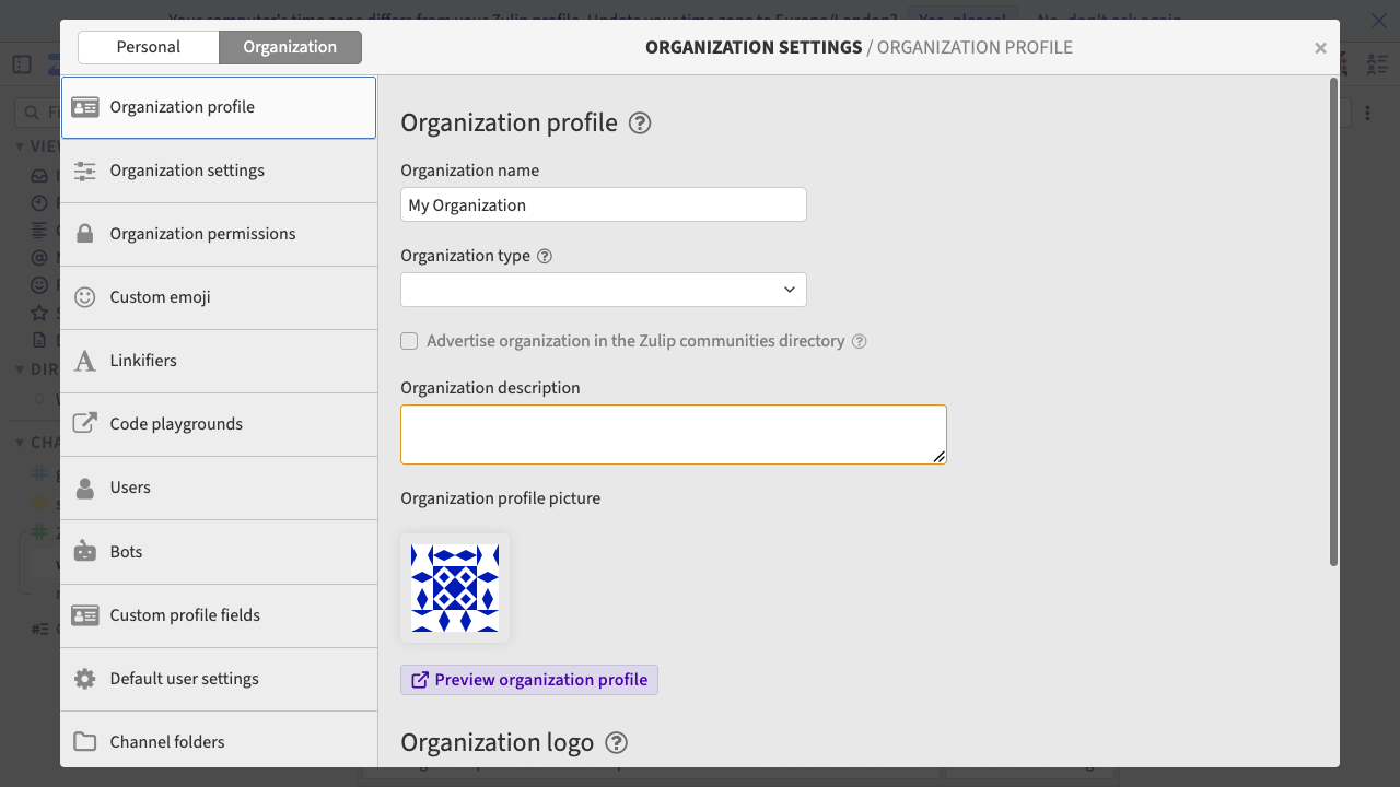 Zulip organization settings
