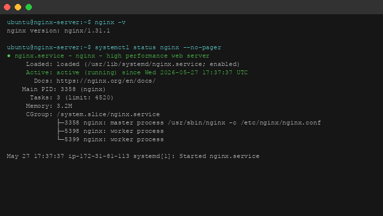 NGINX version and service status