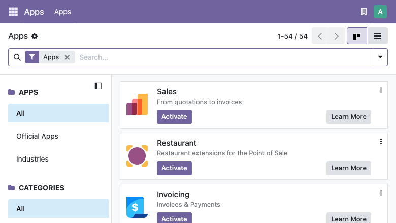 Odoo 19 main dashboard