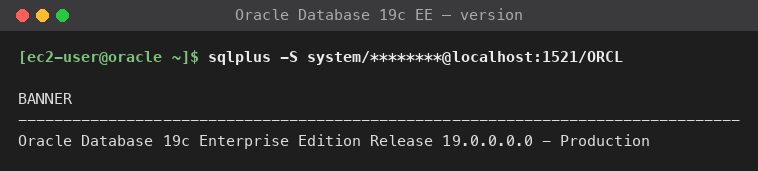 SQL*Plus 19c client confirming the Oracle Database 19c Enterprise Edition installation patched to current DBRU