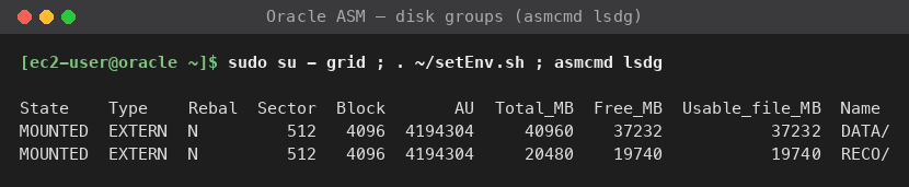 asmcmd lsdg output showing the +DATA and +RECO ASM disk groups mounted with external redundancy