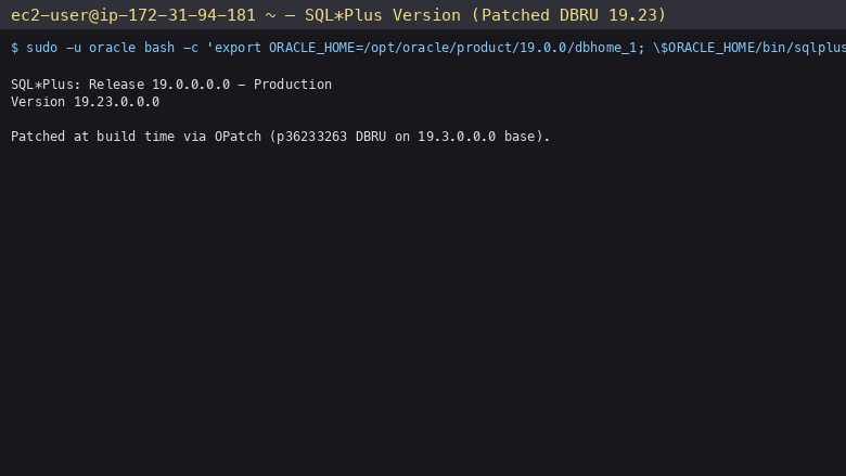 SQL*Plus 19c client version output confirming the Oracle Database 19c Enterprise Edition installation patched to current DBRU