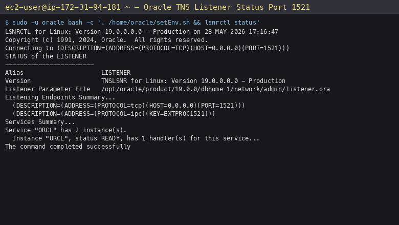Oracle TNS Listener status on port 1521 with the ORCL service registered