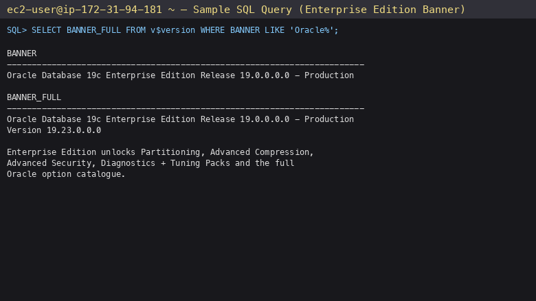 Sample SQL query confirming the Enterprise Edition banner