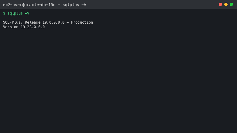 SQL*Plus 19c client version output confirming the Oracle Database 19c installation patched to current DBRU