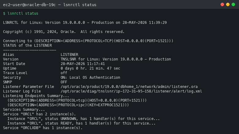 Oracle TNS Listener status on port 1521 with the ORCL service registered