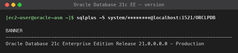 SQL*Plus 21c client confirming the Oracle Database 21c Enterprise Edition Release 21.0.0.0.0 installation