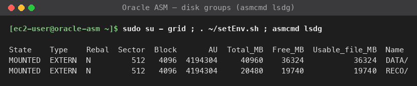 asmcmd lsdg output showing the +DATA and +RECO ASM disk groups mounted with external redundancy