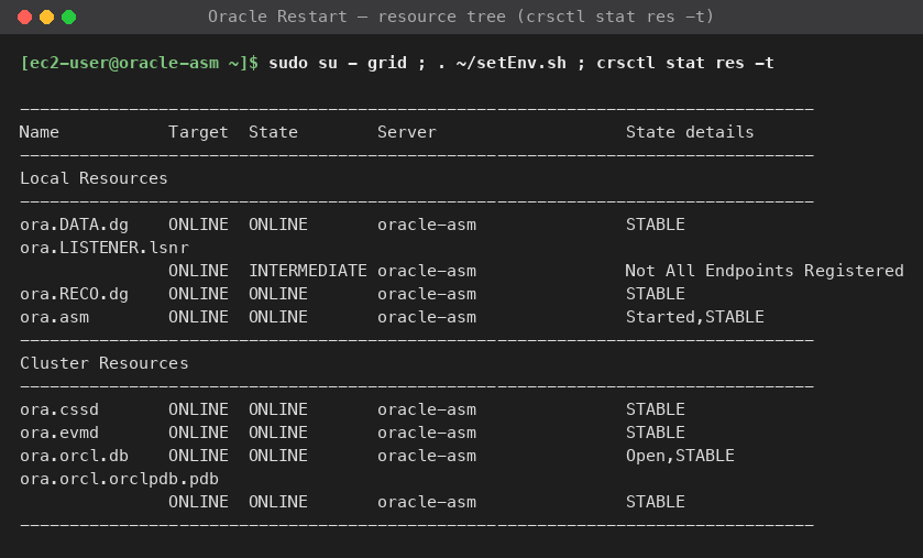 Oracle Restart resource tree from crsctl with the ASM instance, listener, ORCL database and ORCLPDB pluggable database online