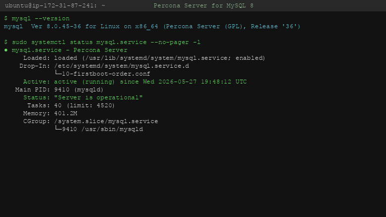 Percona Server version and service status